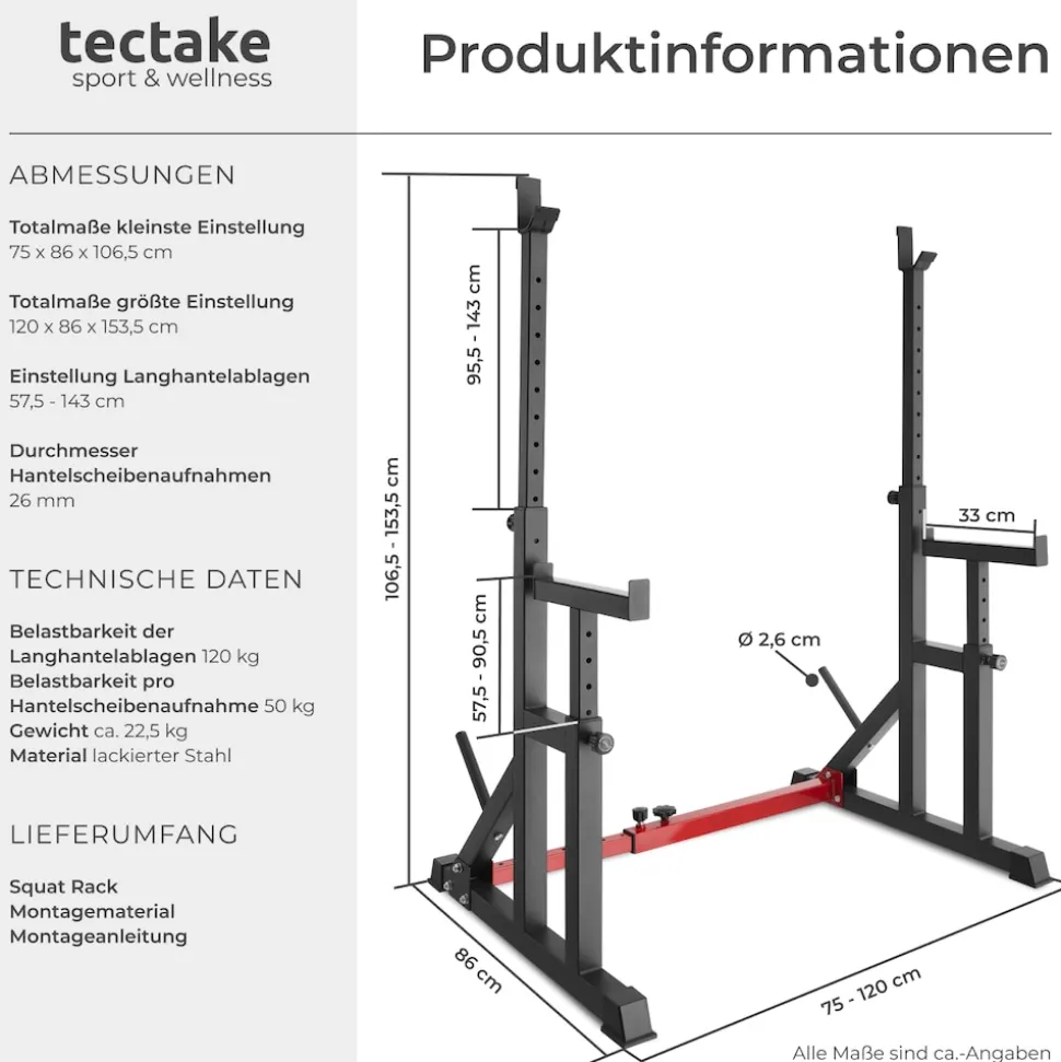 tectake® Squat Rack, multifunktional, Höhe und Breite verstellbar, bodenschonende Kunststoffkappen, inklusive 2 Aufnahmen für Hantelscheiben