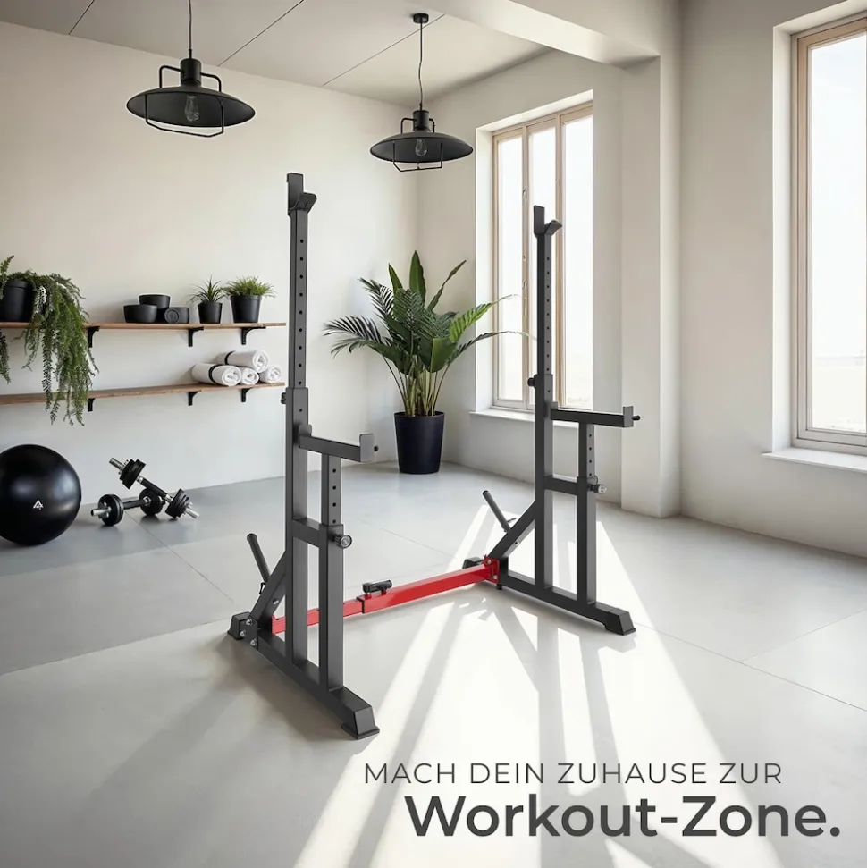 tectake® Squat Rack, multifunktional, Höhe und Breite verstellbar, bodenschonende Kunststoffkappen, inklusive 2 Aufnahmen für Hantelscheiben