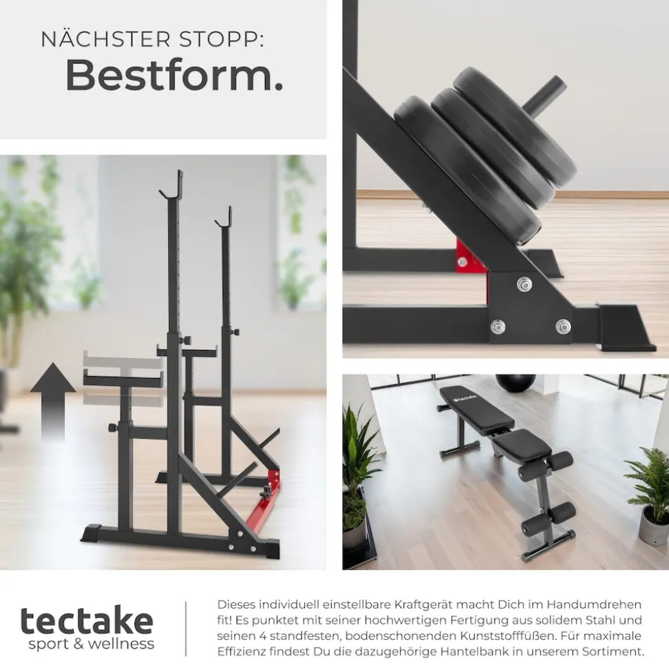 tectake® Squat Rack, multifunktional, Höhe und Breite verstellbar, bodenschonende Kunststoffkappen, inklusive 2 Aufnahmen für Hantelscheiben