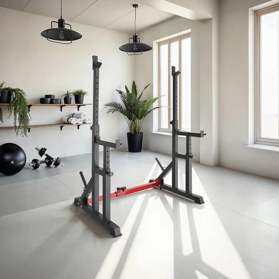 tectake® Squat Rack, multifunktional, Höhe und Breite verstellbar, bodenschonende Kunststoffkappen, inklusive 2 Aufnahmen für Hantelscheiben