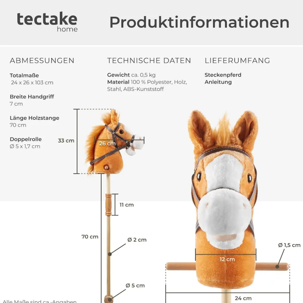 tectake® Steckenpferd, ab 24 Monaten, detailreiche Gestaltung, Gesamtlänge 103 cm