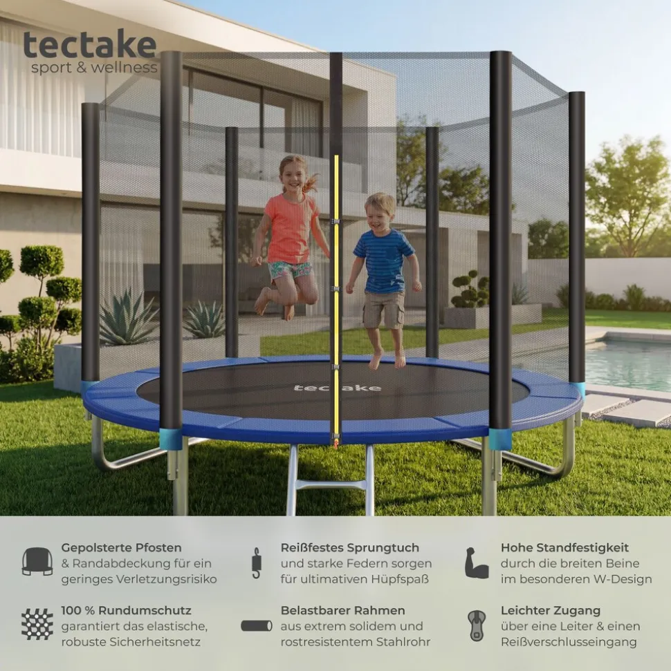 tectake® Trampolin, Ø 244 cm, GS zertifiziert, Randabdeckung, inklusive Einstiegsleiter