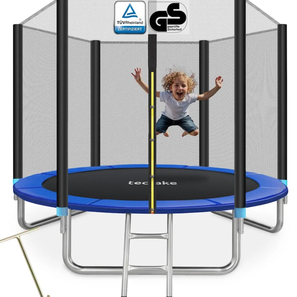 tectake® Trampolin, Ø 244 cm, GS zertifiziert, Randabdeckung, inklusive Einstiegsleiter