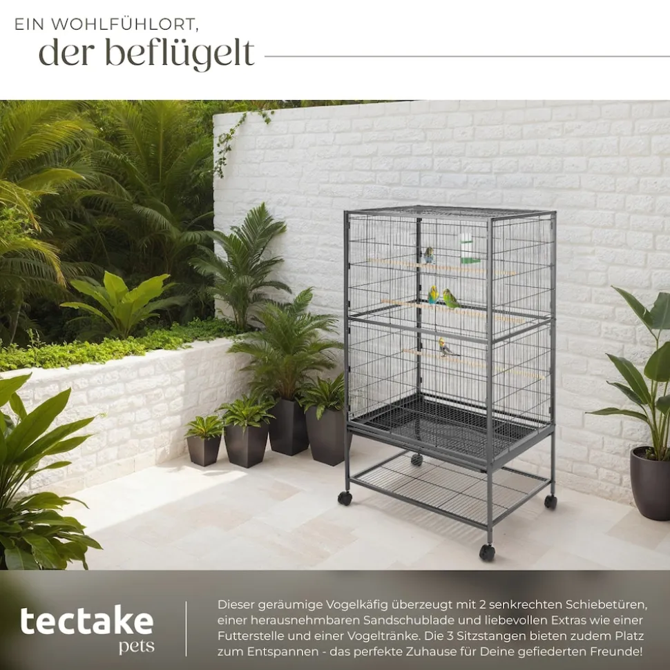 tectake® Vogelkäfig, in Hammerschlagoptik, 2 Schiebeöffnungen und geringer Gitterabstand, 78 x 52 x 131 cm