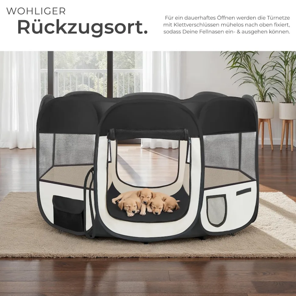 tectake® Welpenauslauf, faltbar, für Innen- und Außenbereich, 2 Eingänge und 6 Fenster, 115 x 115 x 64 cm, inklusive Tragetasche und Heringe