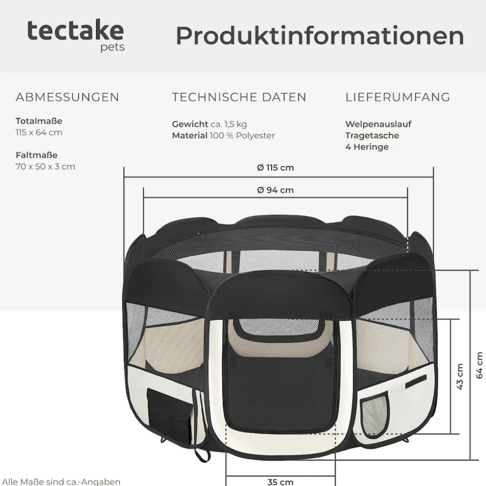 tectake® Welpenauslauf, faltbar, für Innen- und Außenbereich, 2 Eingänge und 6 Fenster, 115 x 115 x 64 cm, inklusive Tragetasche und Heringe