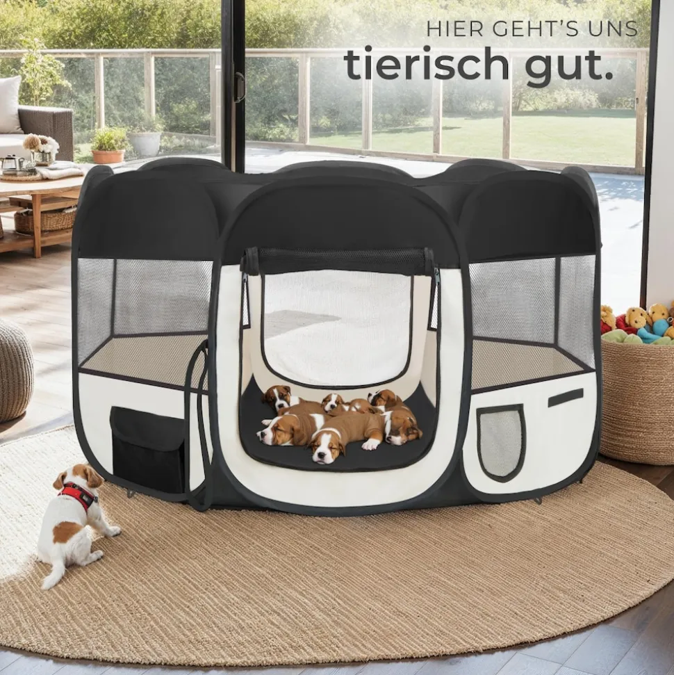 tectake® Welpenauslauf, faltbar, für Innen- und Außenbereich, 2 Eingänge und 6 Fenster, 115 x 115 x 64 cm, inklusive Tragetasche und Heringe