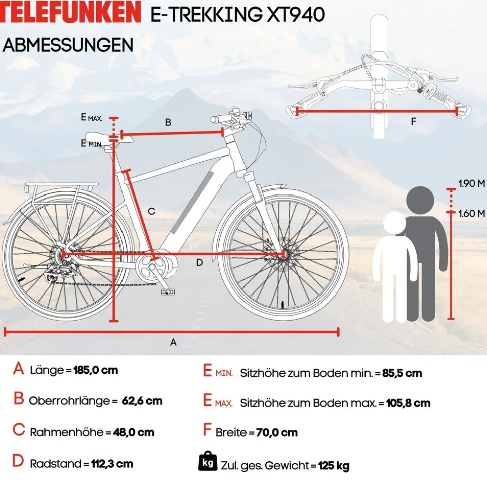 Telefunken Trekking E-Bike | Elektrofahrrad 28 Zoll | 8-Gang Kettenschaltung | Heckmotor 250W | 417,6Wh Akku | Pedelec XT490 Damen