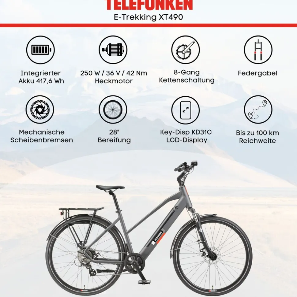 Telefunken Trekking E-Bike | Elektrofahrrad 28 Zoll | 8-Gang Kettenschaltung | Heckmotor 250W | 417,6Wh Akku | Pedelec XT490 Damen