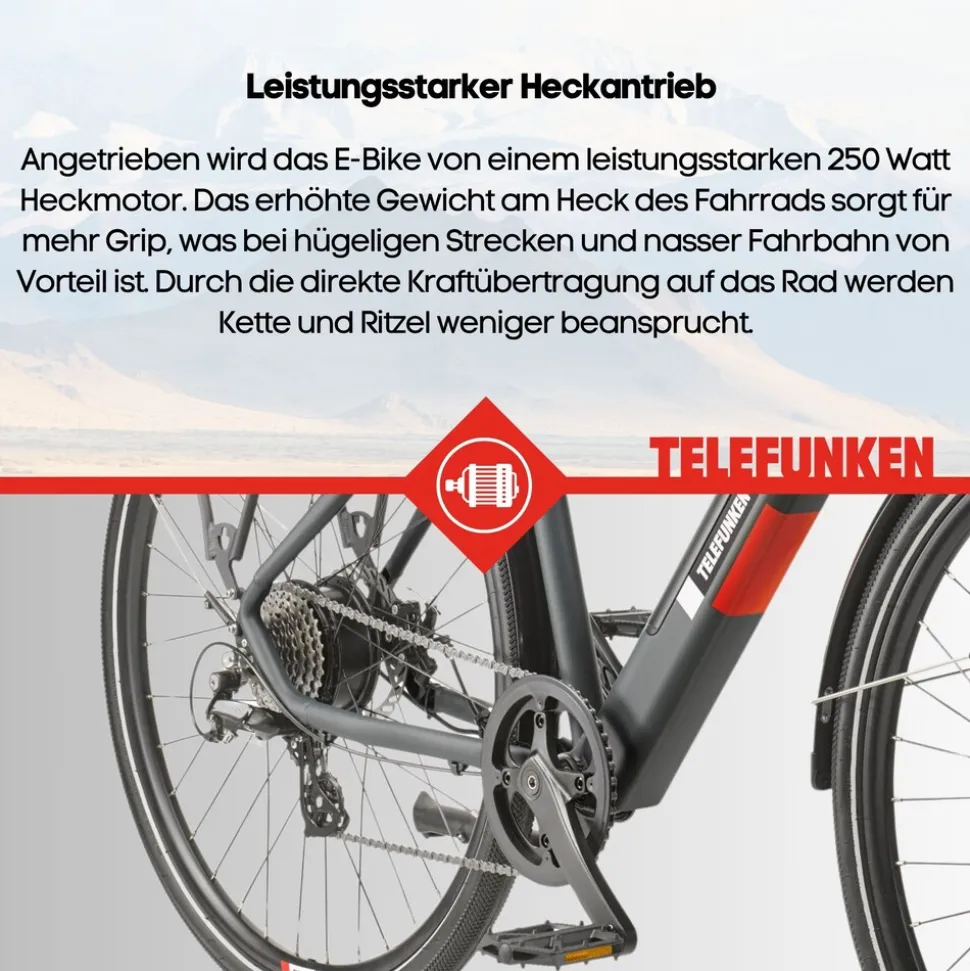 Telefunken Trekking E-Bike | Elektrofahrrad 28 Zoll | 8-Gang Kettenschaltung | Heckmotor 250W | 417,6Wh Akku | Pedelec XT490 Damen