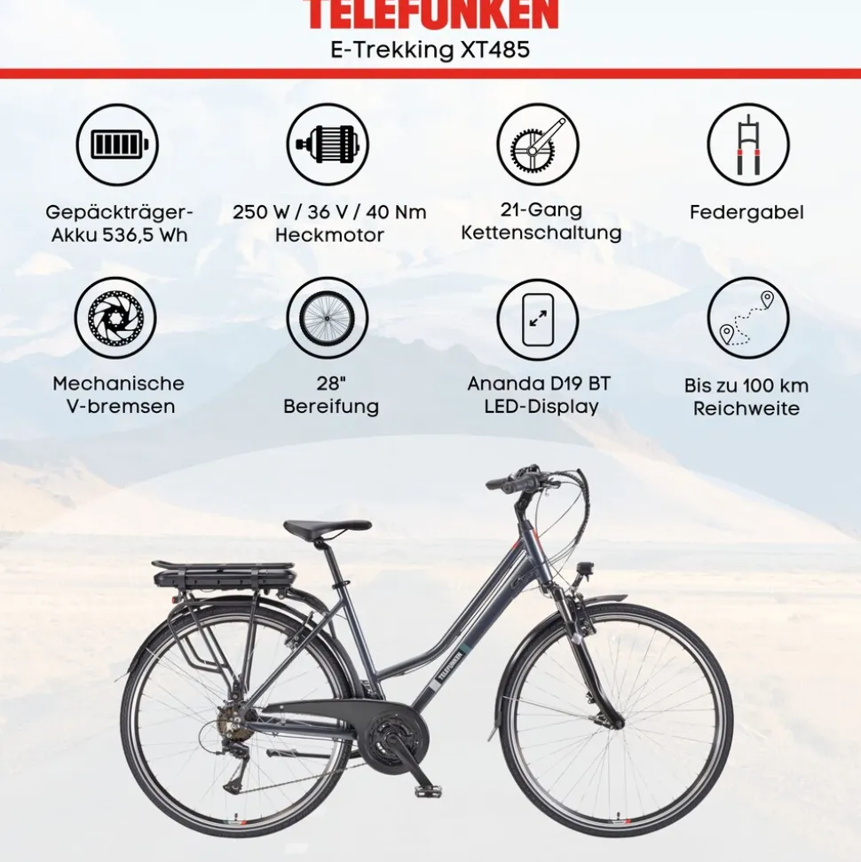 Telefunken Trekking E-Bike | Elektrofahrrad 28 Zoll | 21-Gang Kettenschaltung | Heckmotor 250W | 536,5Wh Akku | Pedelec XT485 Damen
