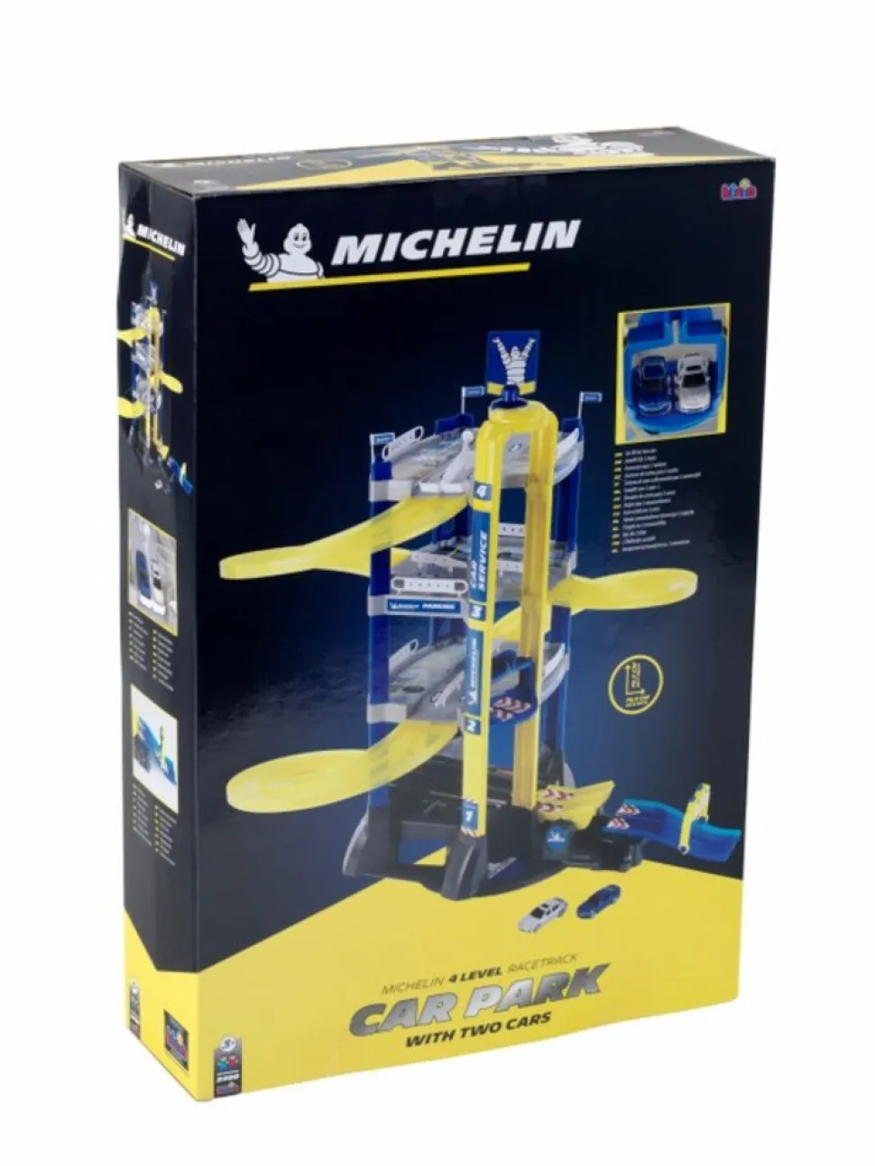 Theo Klein Michelin Service Parkhaus mit 4 Ebenen - mit Wippe, Sprungschanze und Rundenzähler, doppelte Abfahrtsrampen für Rennen, Aufzug und 2 Autos - Geeignet für Kinder ab 3 Jahren