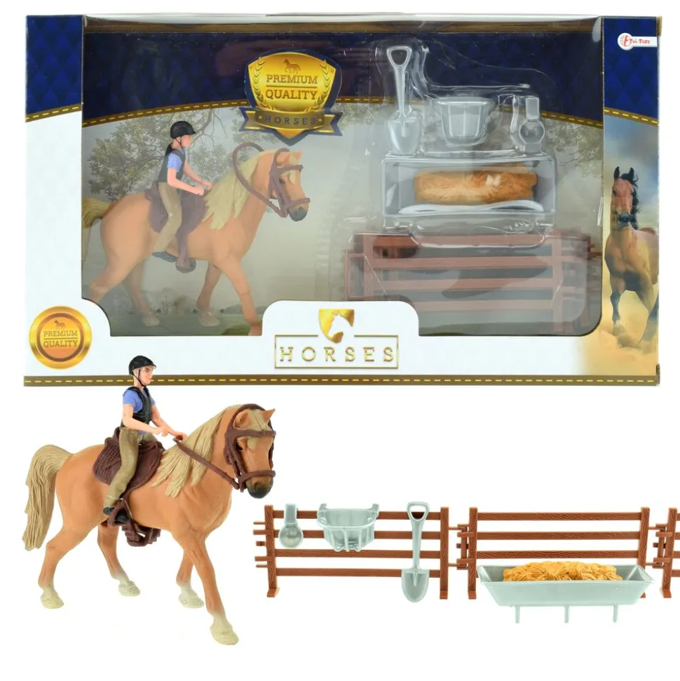 Toi-Toys 37160A - Braunes Pferd mit Reiter und Zubehör Horse Horses Pferdestall Zaun Pferdeset Reiterset
