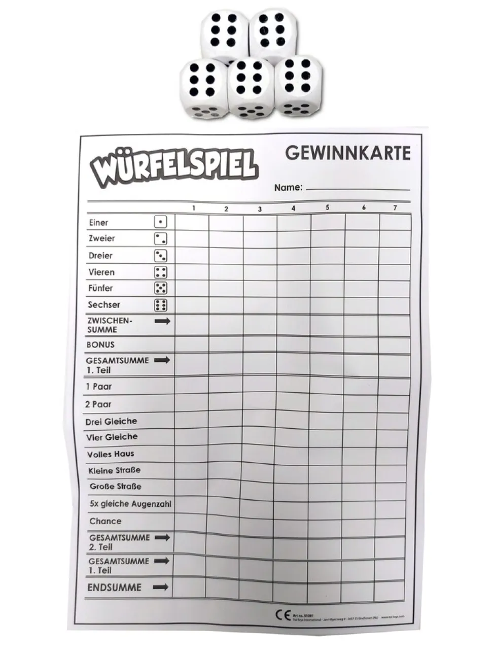 Toi-Toys 51081A - XXL Würfelspiel (deutsch) - Punkteblock inkl 5 Würfeln Gesellschaftsspiel Familienspiel