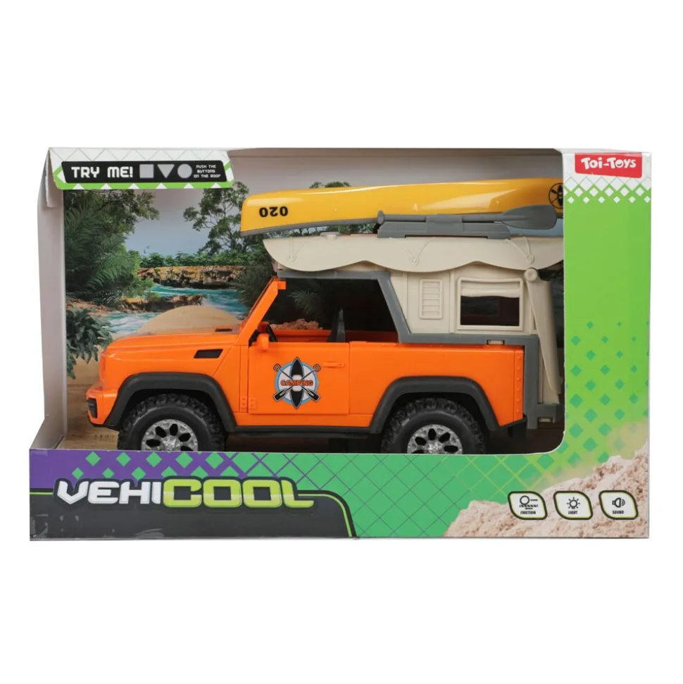 Toi-Toys VEHICOOL 4x4 Geländewagen mit Dachzelt & Kanu, Licht, Sound & Friktionsmotor