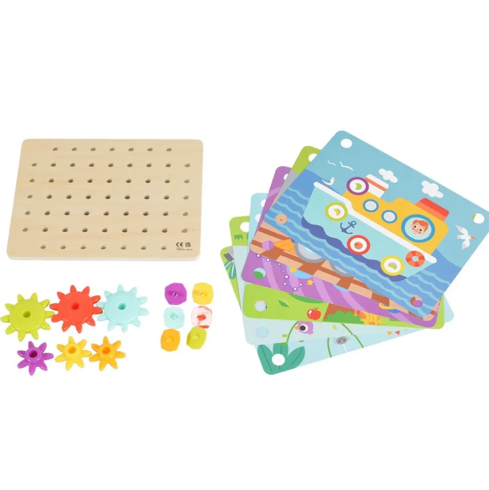 Tooky Toy Holzspielzeug TK352 Zahnräderspiel 19 teilig, Steckspiel, Motorikspiel bunt