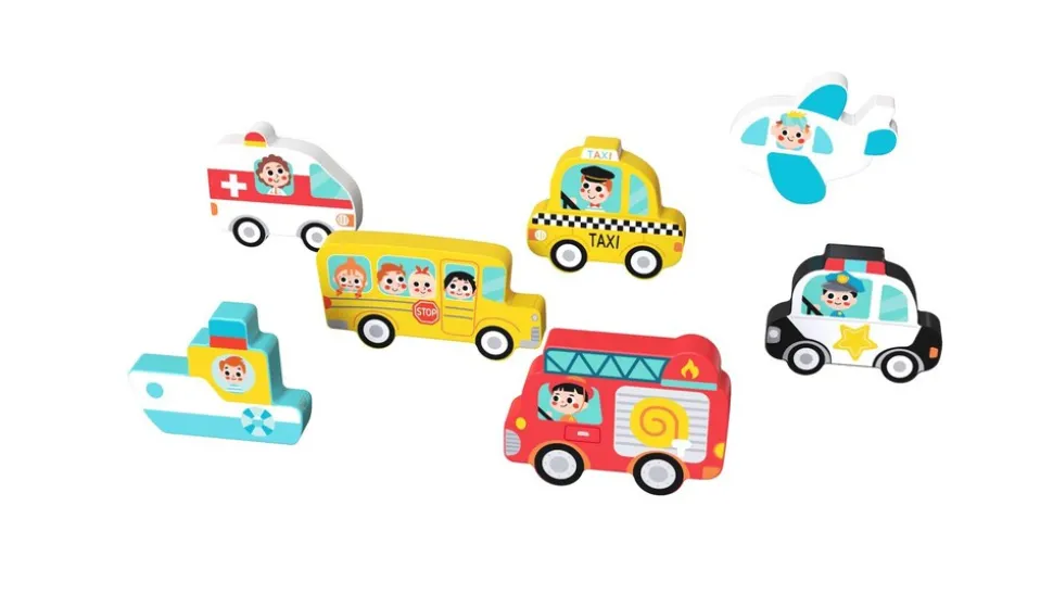 Tooky Toy Kinder Holz-Puzzle Fahrzeuge 3D TH634 Steckpuzzle, 8-teilig, ab 1 Jahr bunt