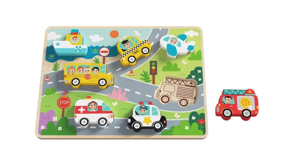 Tooky Toy Kinder Holz-Puzzle Fahrzeuge 3D TH634 Steckpuzzle, 8-teilig, ab 1 Jahr bunt