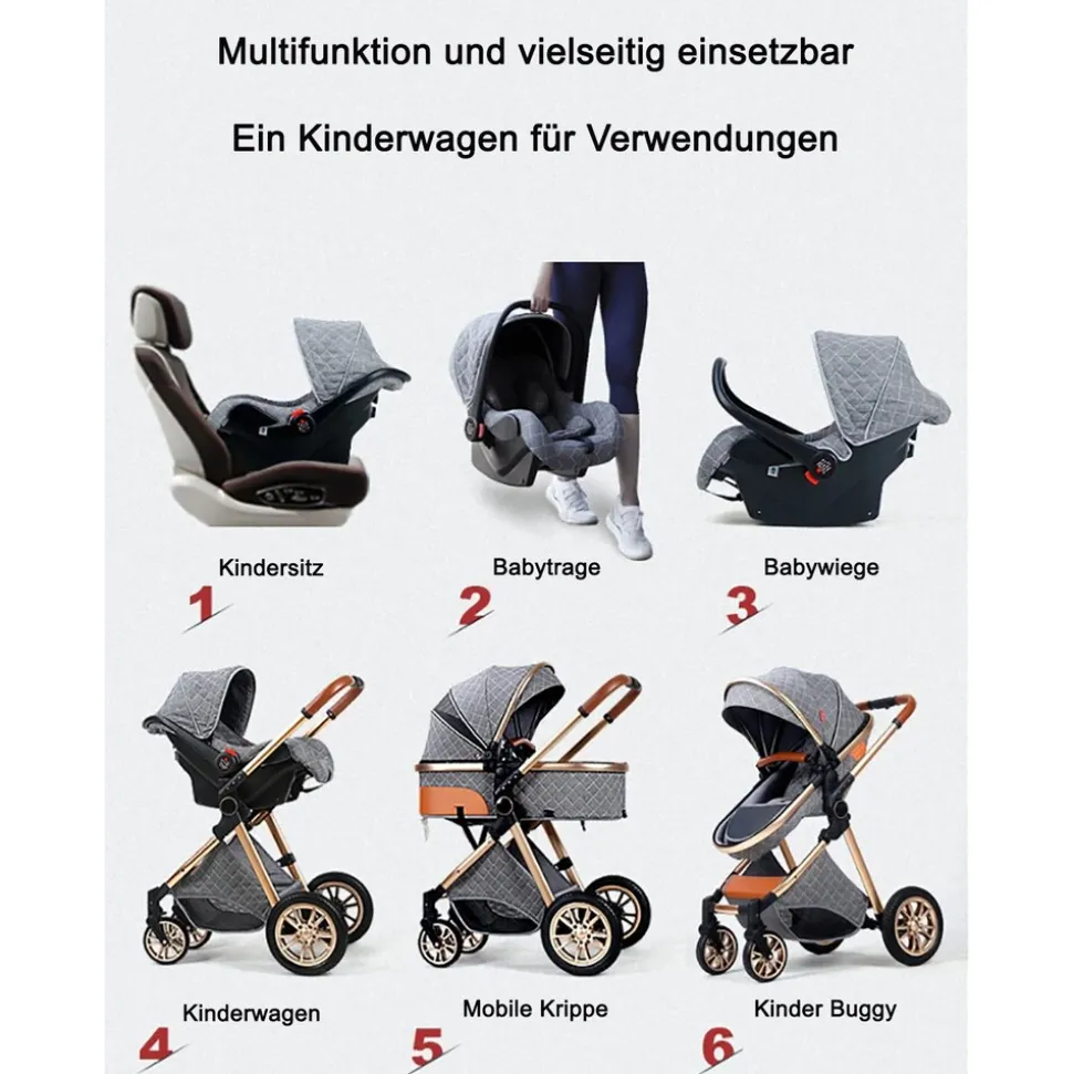 TPFLiving Kombi-Kinderwagen 3in1 Set - Modell 1 Stoff - Schokolade