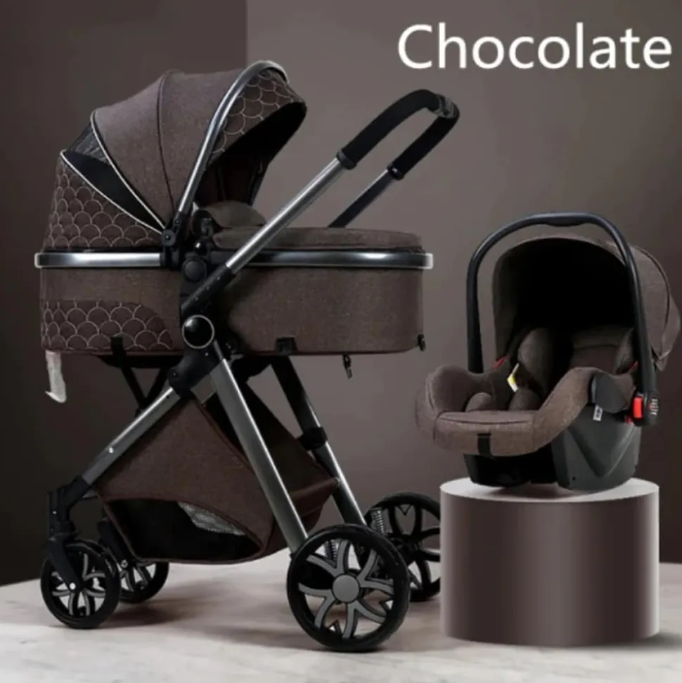 TPFLiving Kombi-Kinderwagen 3in1 Set - Modell 1 Stoff - Schokolade