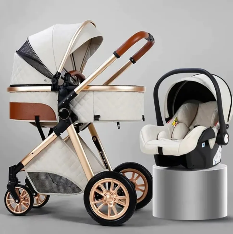 TPFLiving Kombi-Kinderwagen 3in1 Set - Modell 1 Stoff - Schokolade