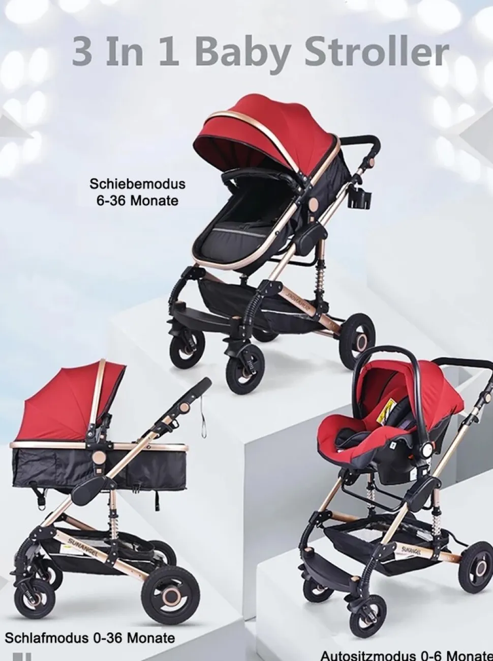 TPFLiving Kombi-Kinderwagen 3in1 Set - Modell 2 Stoff - Grau