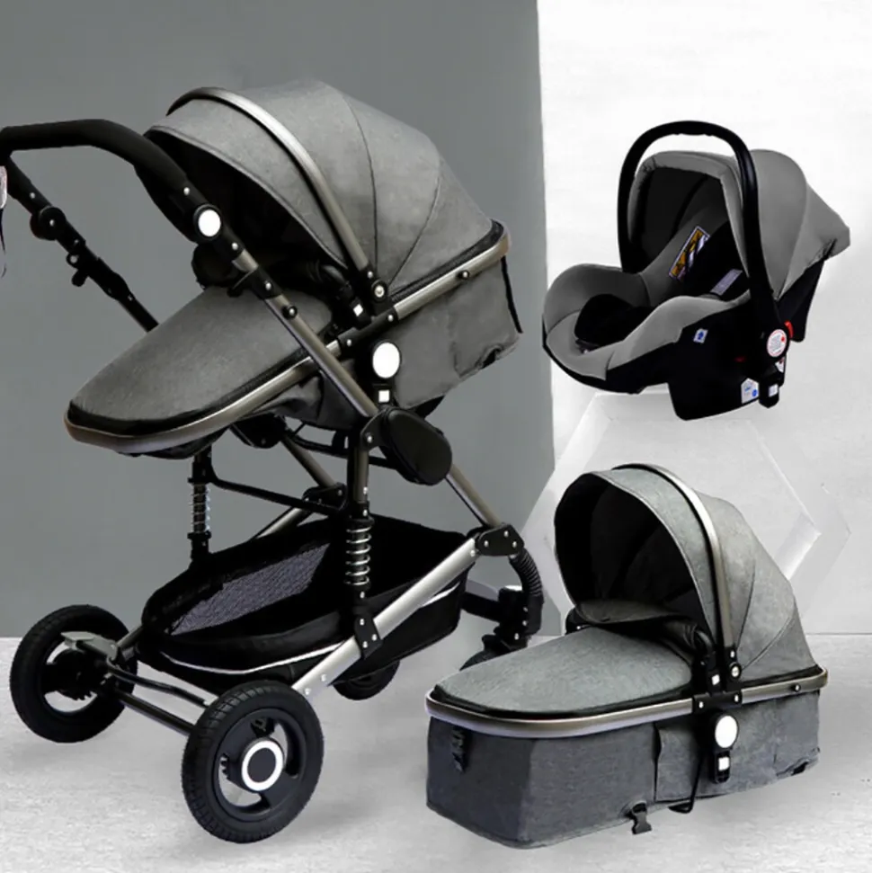 TPFLiving Kombi-Kinderwagen 3in1 Set - Modell 2 Stoff - Grau