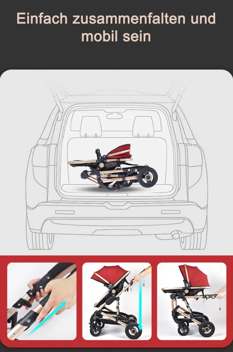 TPFLiving Kombi-Kinderwagen 3in1 Set - Modell 2 Stoff - Grau
