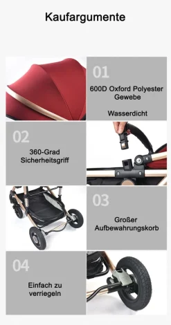 TPFLiving Kombi-Kinderwagen 3in1 Set - Modell 2 Stoff - Grau