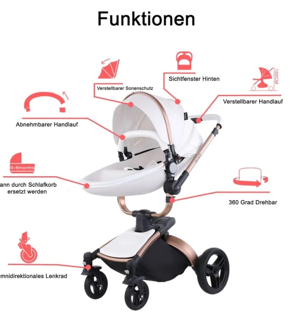 TPFLiving Luxus Kombi-Kinderwagen 3in1 Set - Modell 5 Kunstleder - Rosa