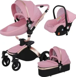 TPFLiving Luxus Kombi-Kinderwagen 3in1 Set - Modell 5 Kunstleder - Rosa