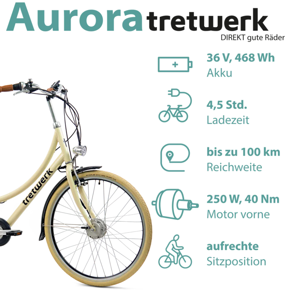 Tretwerk Aurora E Bike Damen 28 Zoll Elektrofahrrad 165 - 185 cm retro Hollandrad E Damenfahrrad mit Nabenschaltung und Rücktritt