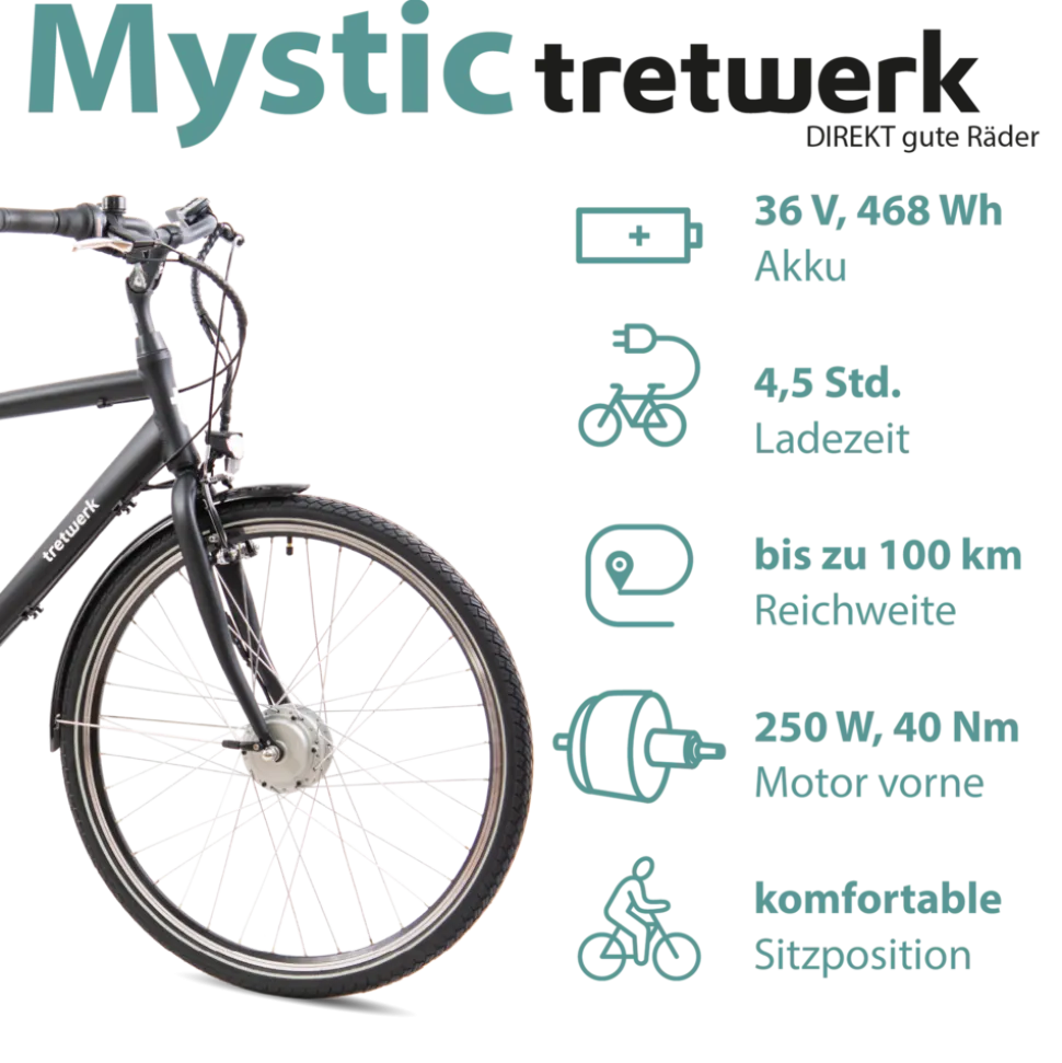 Tretwerk Mystic E Bike 28 Zoll Pedelec 170 - 190 cm Herrenrad Trekking Elektrofahrrad mit Nabenschaltung City E Fahrrad