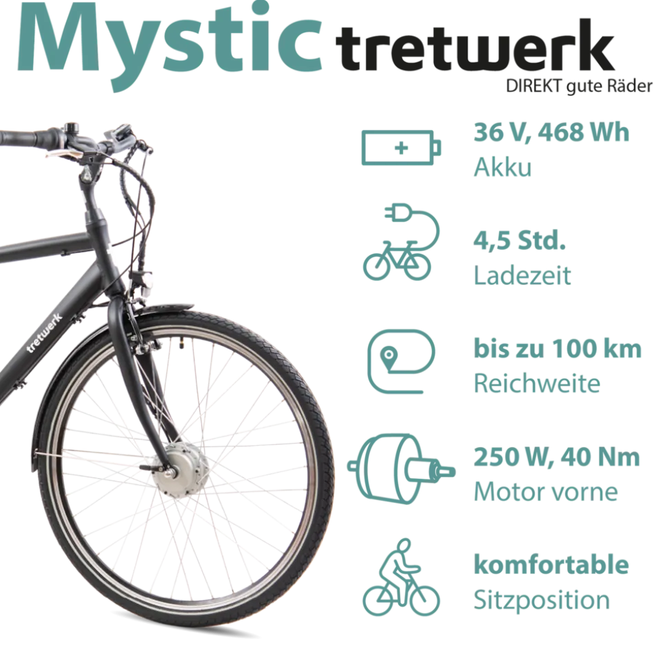 Tretwerk Mystic E Bike 28 Zoll Pedelec 170 - 190 cm Herrenrad Trekking Elektrofahrrad mit Nabenschaltung City E Fahrrad