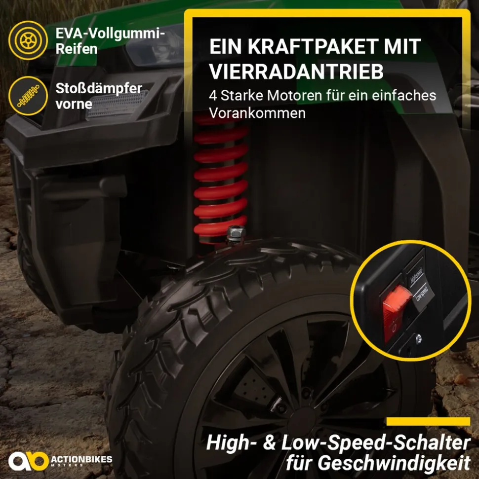 UTV-Kinder-Elektroauto A730 mit 6x4 Vierradantrieb, 2-Sitzer, Kippmulde, Fernbedienung, EVA-Reifen (Grün/Schwarz)