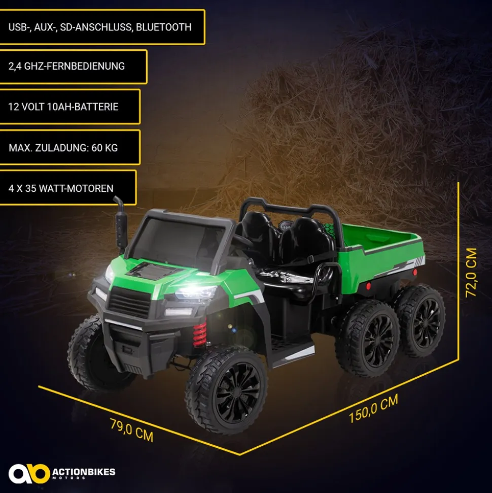 UTV-Kinder-Elektroauto A730 mit 6x4 Vierradantrieb, 2-Sitzer, Kippmulde, Fernbedienung, EVA-Reifen (Grün/Schwarz)