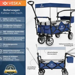 VESKA Bollerwagen faltbar mit Dach Handwagen Transportwagen anthrazit/grau