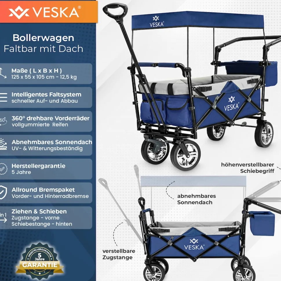 VESKA Bollerwagen faltbar mit Dach Handwagen Transportwagen anthrazit/grau