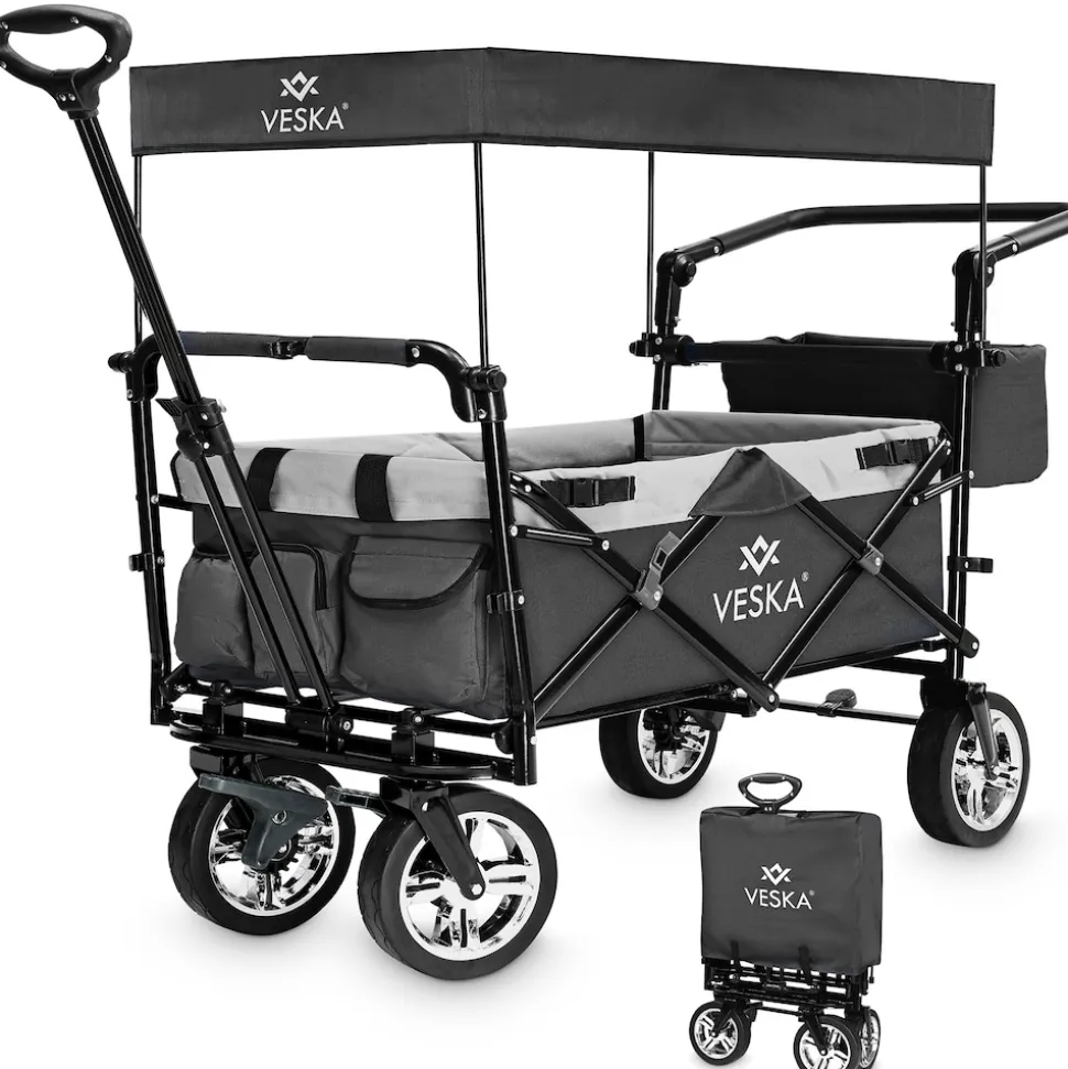 VESKA Bollerwagen faltbar mit Dach Handwagen Transportwagen anthrazit/grau