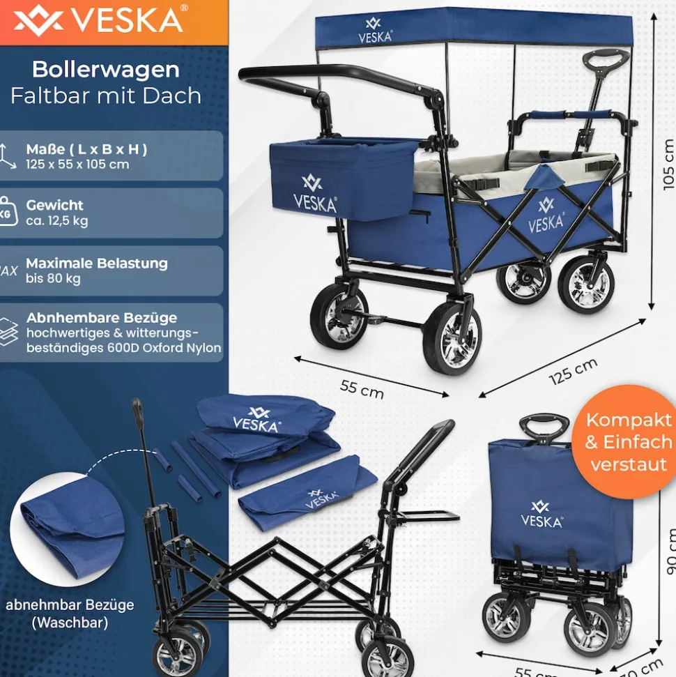 VESKA Bollerwagen faltbar mit Dach Handwagen Transportwagen anthrazit/grau