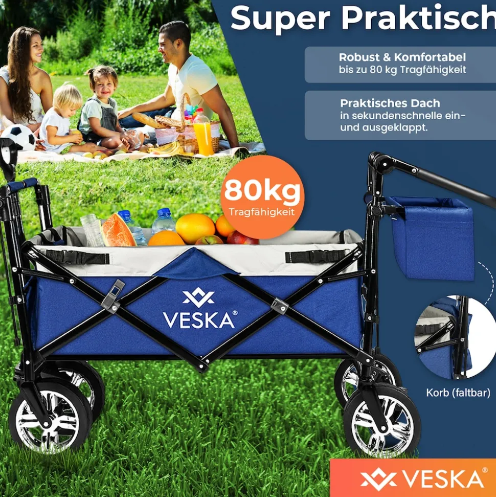 VESKA Bollerwagen faltbar mit Dach Handwagen Transportwagen anthrazit/grau