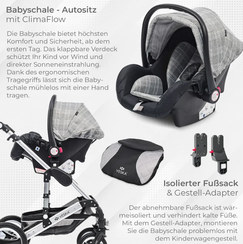 VESKA® 3 in 1 Kombi-Kinderwagen Buggy Reisebuggy inkl. Auto- Babyschale Jogger Faltbar - Silber - anthrazit/grau