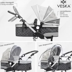 VESKA® 3 in 1 Kombi-Kinderwagen Buggy Reisebuggy inkl. Auto- Babyschale Jogger Faltbar - Silber - anthrazit/grau