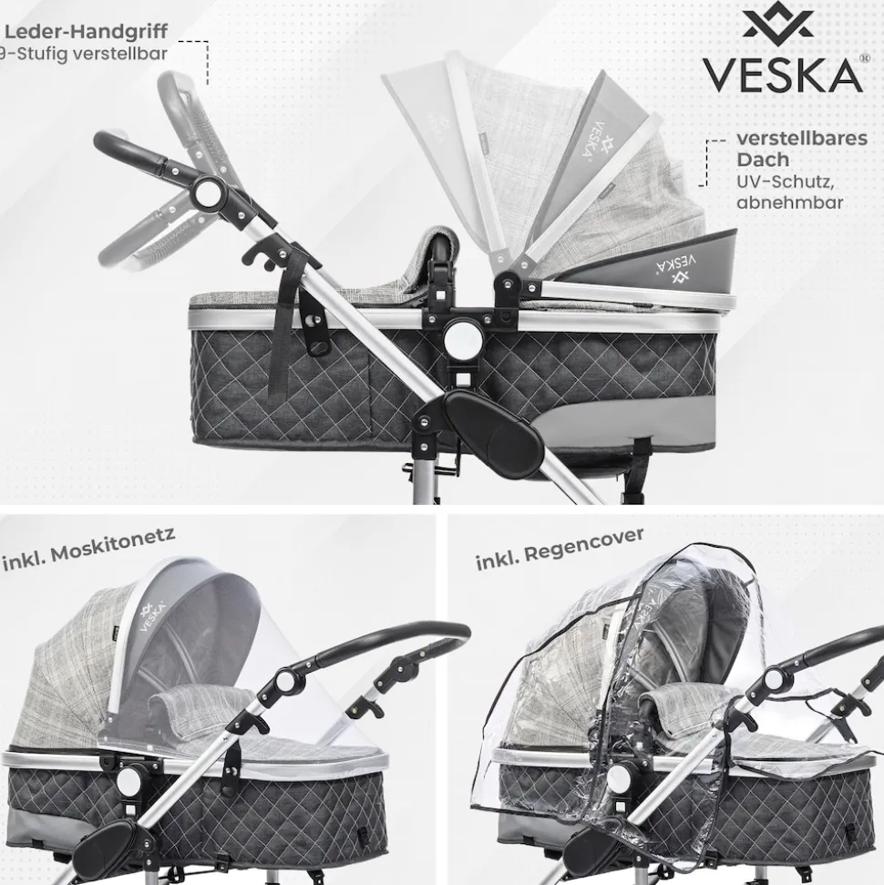 VESKA® 3 in 1 Kombi-Kinderwagen Buggy Reisebuggy inkl. Auto- Babyschale Jogger Faltbar - Silber - anthrazit/grau