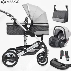 VESKA® 3 in 1 Kombi-Kinderwagen Buggy Reisebuggy inkl. Auto- Babyschale Jogger Faltbar - Silber - anthrazit/grau