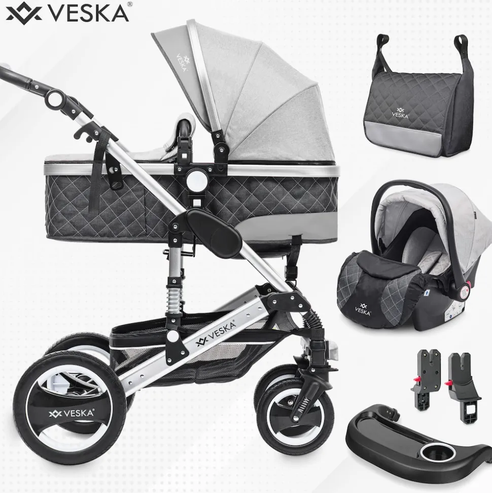 VESKA® 3 in 1 Kombi-Kinderwagen Buggy Reisebuggy inkl. Auto- Babyschale Jogger Faltbar - Silber - anthrazit/grau