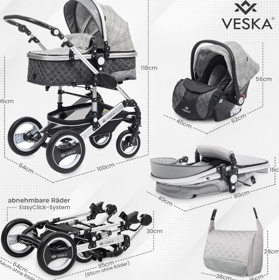 VESKA® 3 in 1 Kombi-Kinderwagen Buggy Reisebuggy inkl. Auto- Babyschale Jogger Faltbar - Silber - anthrazit/grau