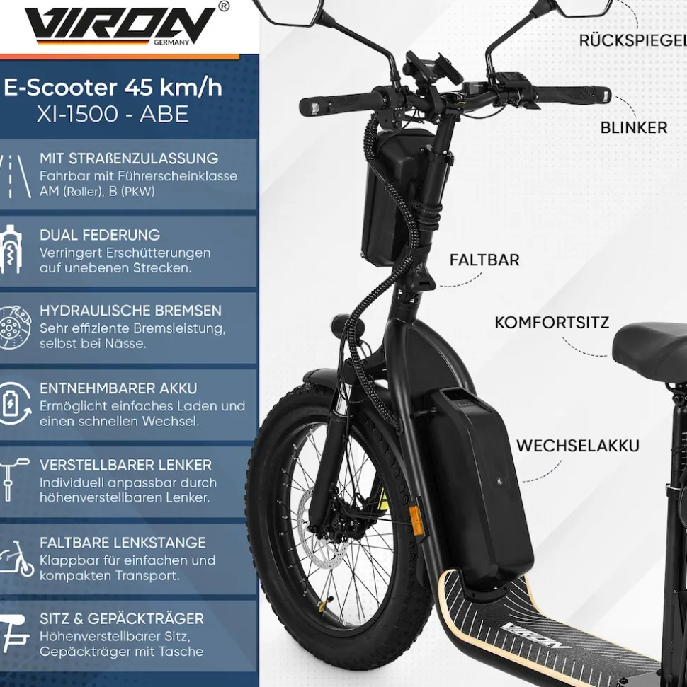 VIRON E-Scooter - XI-1500-EEC - schwarz, 15Ah