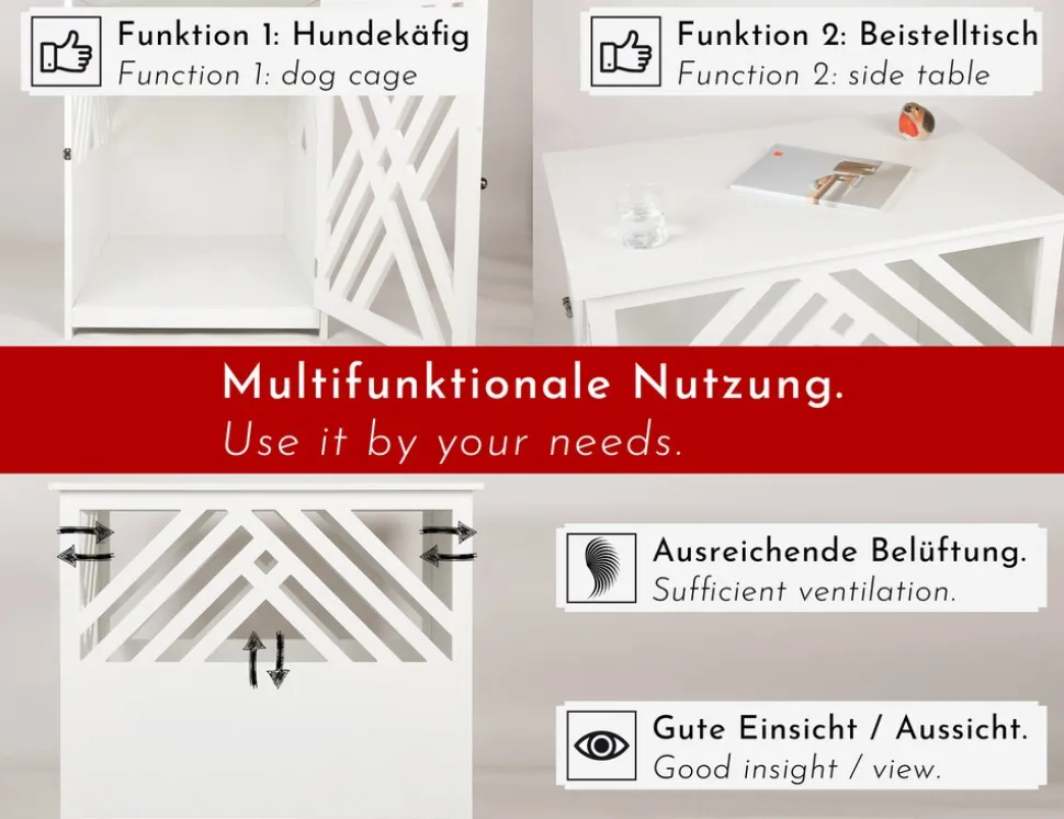 WONDERMAKE® Design Hundekäfig aus Holz für Zuhause Wohnung mit Beistelltisch, Hundebox fürs Wohnzimmer Indoor, 90x60 cm weiß