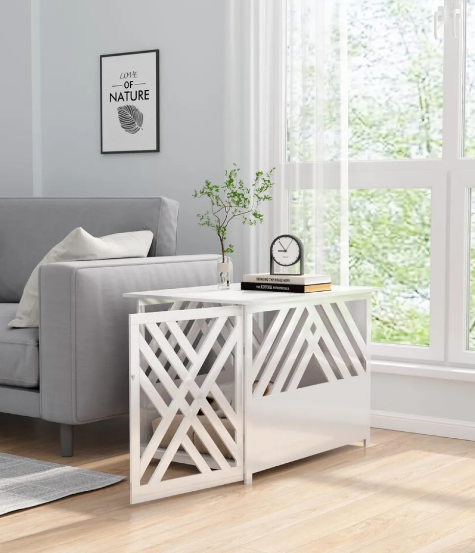 WONDERMAKE® Design Hundekäfig aus Holz für Zuhause Wohnung mit Beistelltisch, Hundebox fürs Wohnzimmer Indoor, 90x60 cm weiß